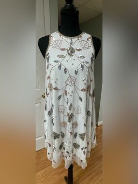 Altar'd State White Sequin Beaded Mesh Shift Dress XS Bridal Graduation Boho